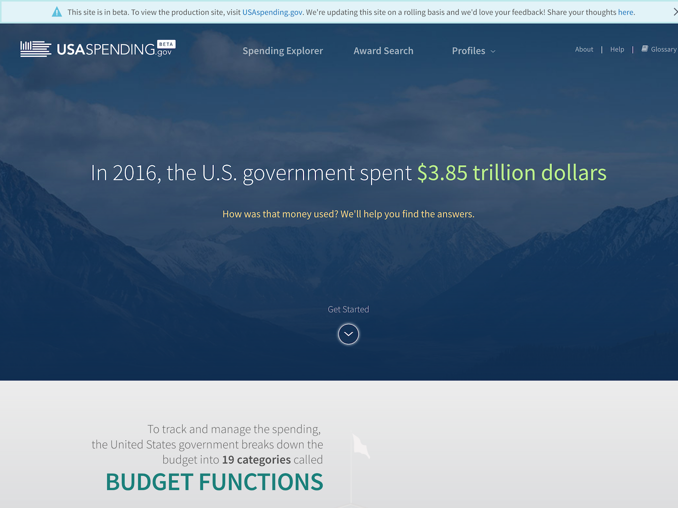 The homepage of beta.usaspending.gov
