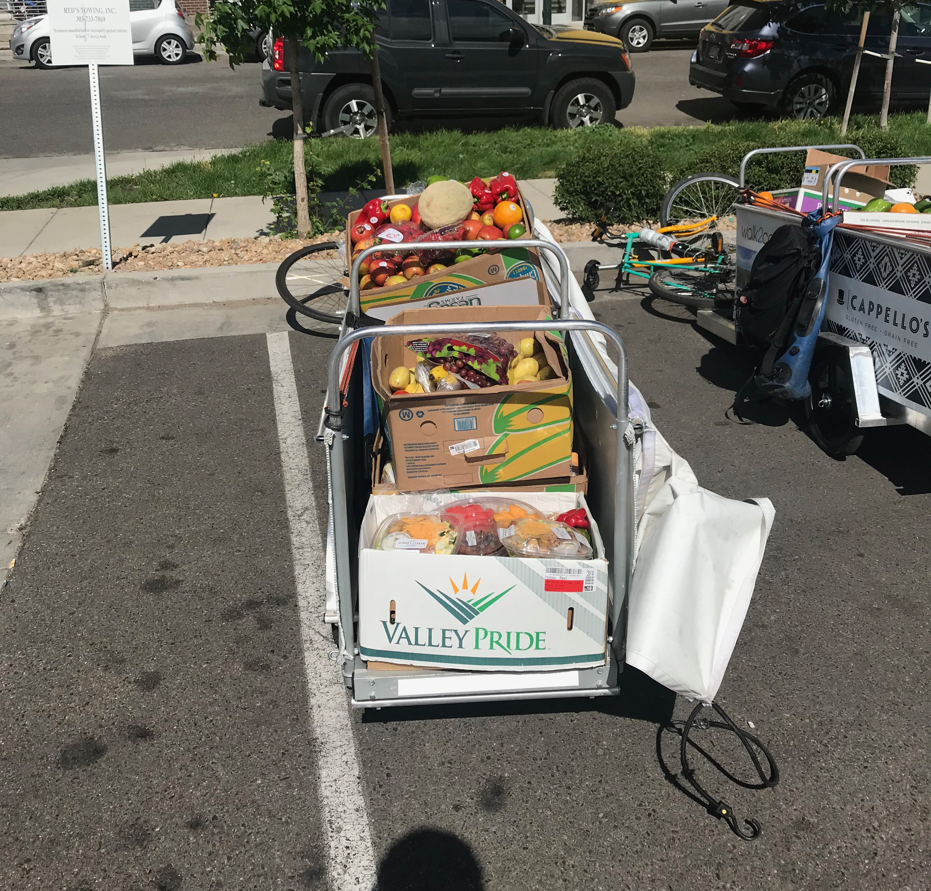 A long bike trailer loaded with groceries