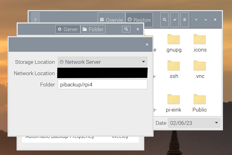 A screenshot showing three layers of windows in Deja Dup layered over each other. The top layer is the storage location chooser with Network Server selected.