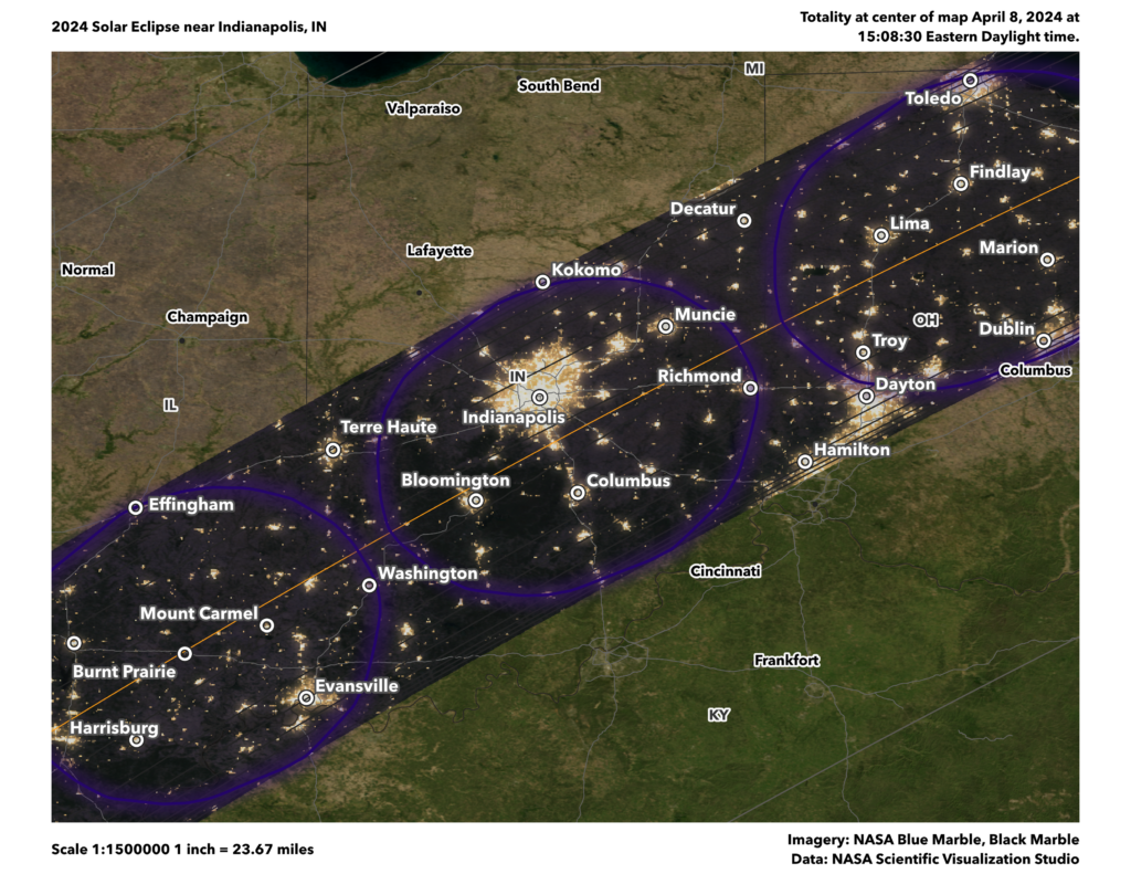 A 1:1500000 scale map of the eclipse totality centered on Indianapolis, IN. The image is described more fully in context.