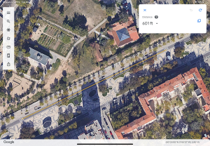 An aerial view of the Avenida de Portugal in Madrid. A yellow line is drawn between two crosswalks showing the distance between them at 601 ft.