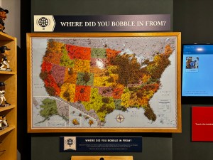 The big map of the US showing where visitors came from. A plaque under the map reads "Where did you bobble in from?"