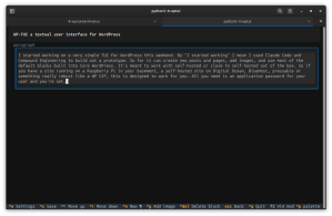 A terminal window with the WP TUI editor creating this post.
